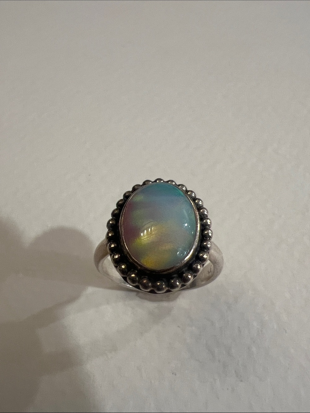 Sterling Silver Rainbow Opal Cabochon Ring - Iridescent Blue-Green